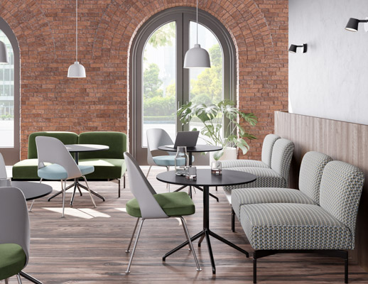 Pixel Lounge Saarinen Executive Chair Plastic Back with Tubular Legs Muuto Still Café Table Muuto Grain pendant lamp Muuto Tip wall lamp, Vice Versa KnollTextiles Vice Versa