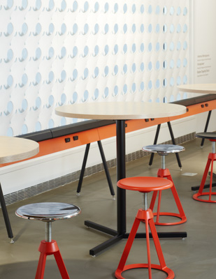 NeoCon 2015 Antenna Design Horsepower Barber Osgerby Adjustable Height Stool Antenna Simple Table Y-Base Round showroom