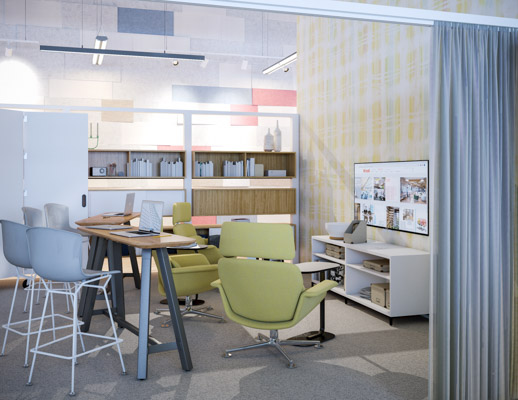 rockwell unscripted creative wall backdrop mobile markerboard wall tall tables drink rail bertoia molded shell barstools anchor storage credenza with feet muuto relate tables KN02 lounge chair thriving workplace project neighborhood hybrid meeting ideatio